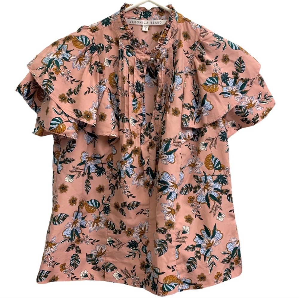 Veronica Beard Pink Floral Ruffle Blouse